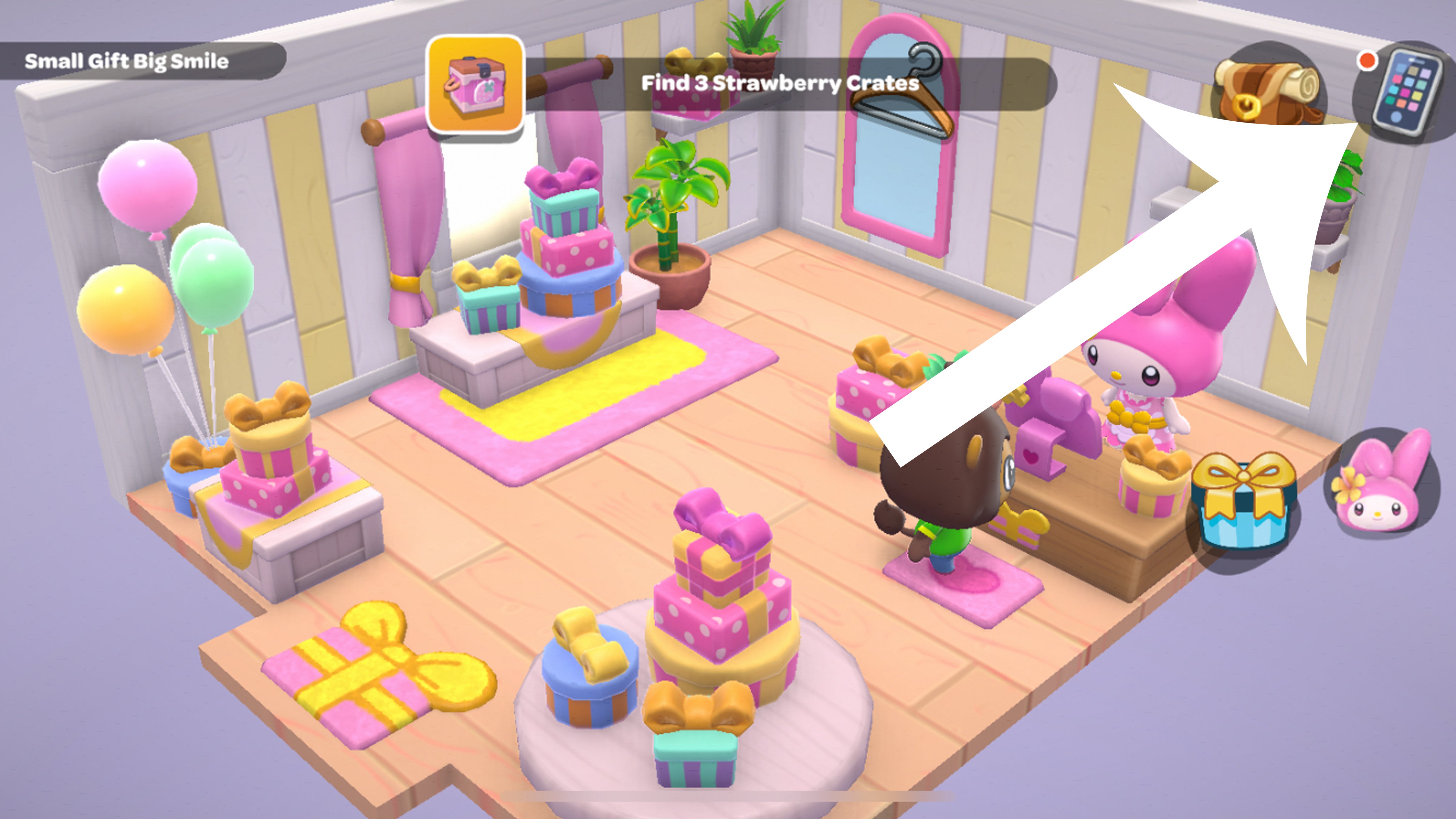 Arrow pointing at the button players need to press to access the Applications menu in Hello Kitty Island Adventure.