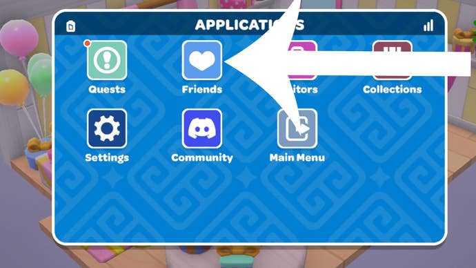 Arrow pointing at the button players need to press to access the Friends menu in Hello Kitty Island Adventure.