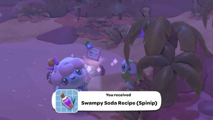 Hello Kitty Island Adventure Keroppi giving a marshy soda recipe