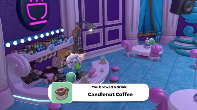 hello kitty island adventure making candlenut coffee drink in comedy club