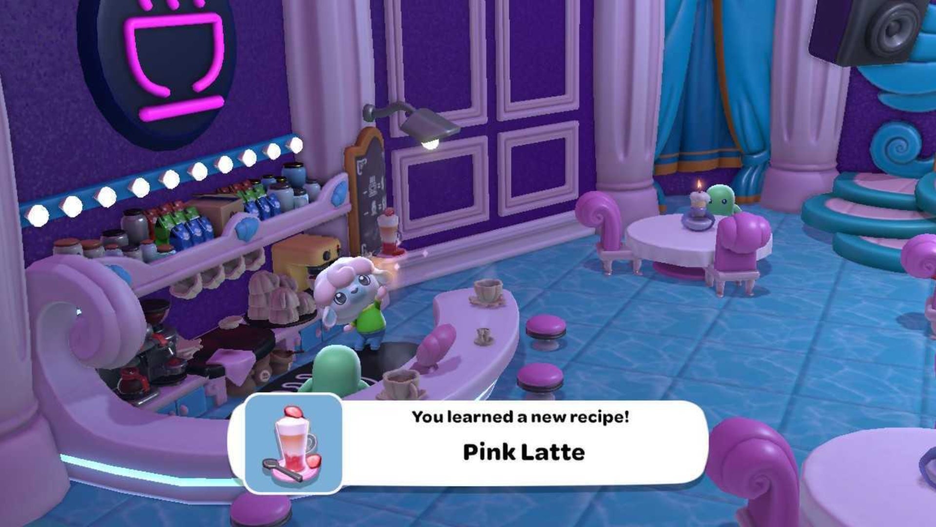 hello kitty island adventure making pink latte drink in comedy club