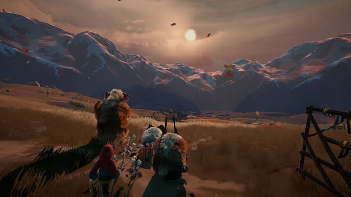 A young hoodie-wearing lad is herding a radical of horned creatures done a large field, a upland successful the skyline successful a screenshot of Herdling.