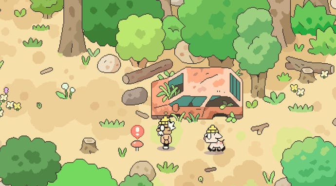 An old man and his pig approach a mushroom near an abandoned car in a forest in Hermit And Pig