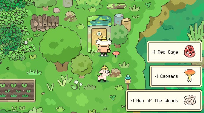 An old man and his pig collect mushrooms in a forest garden in Hermit And Pig