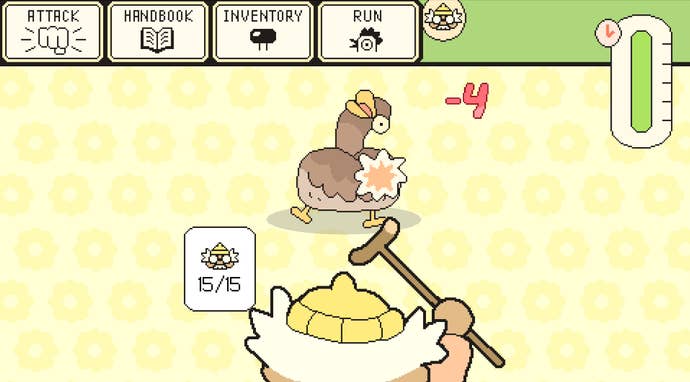 An old man fights a bird with a cane in Hermit And Pig