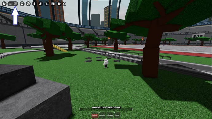 A screenshot of Heroes Battlegrounds in Roblox showing the game's chat button.
