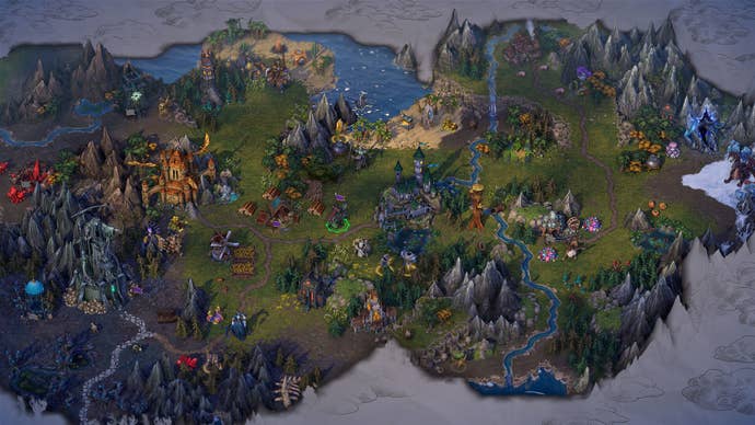 A representation of the greenish scenery successful a phantasy realm, with mountains and lakes and beaches.