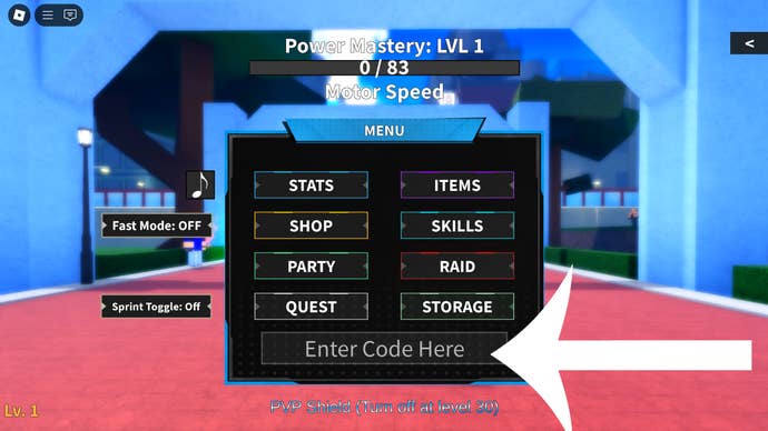 Arrow pointing at the codes menu in the Roblox game Heroes World.
