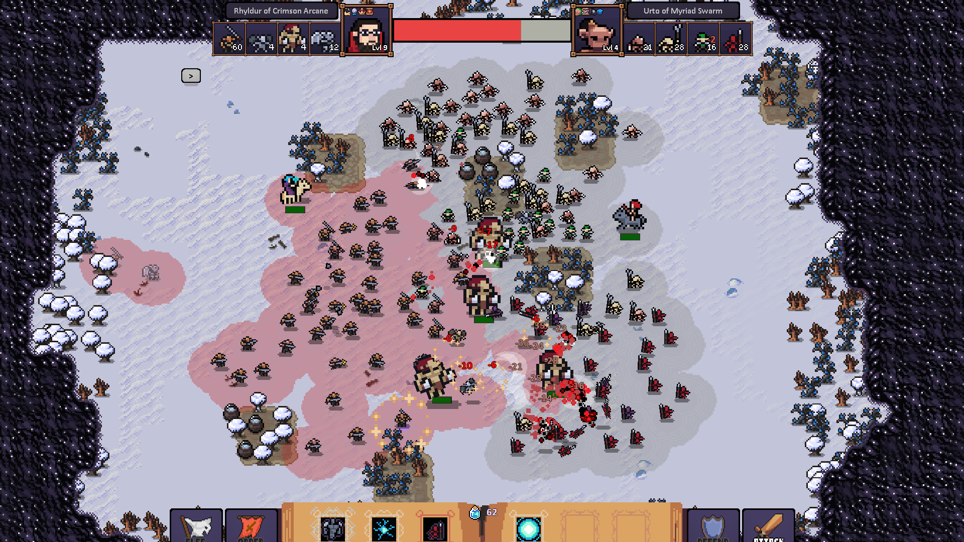A screenshot of Hero&rsquo;s Hour showing a battlefield covered in pixel monsters.