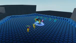 A faraway shot of a battle taking place in the Roblox strategy game Hex Defender.