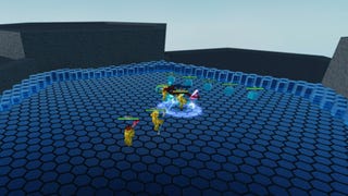 A faraway shot of a battle taking place in the Roblox strategy game Hex Defender.