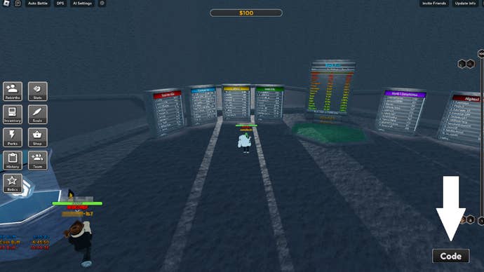 Arrow pointing at the button players have to press to redeem codes in the Roblox game Hex Defender.