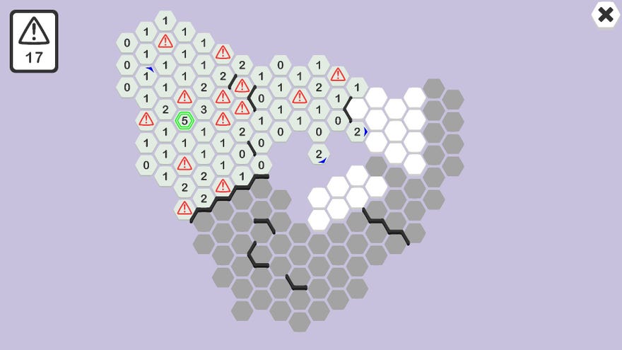 A screenshot of Hexceed, showing a map of hexagons, some of which have been revealed with numbers and some with warning signs.