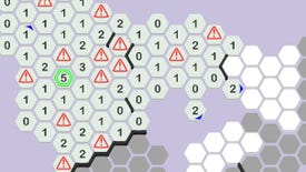 A screenshot of Hexceed, showing a map of hexagons, some of which have been revealed with numbers and some with warning signs.
