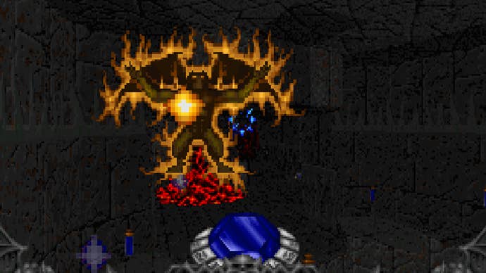 Zapping a demon in a Hexen screenshot.