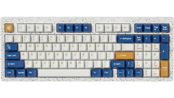 Melgeek Modern97 gaming keyboard in speckled white, yellow and blue