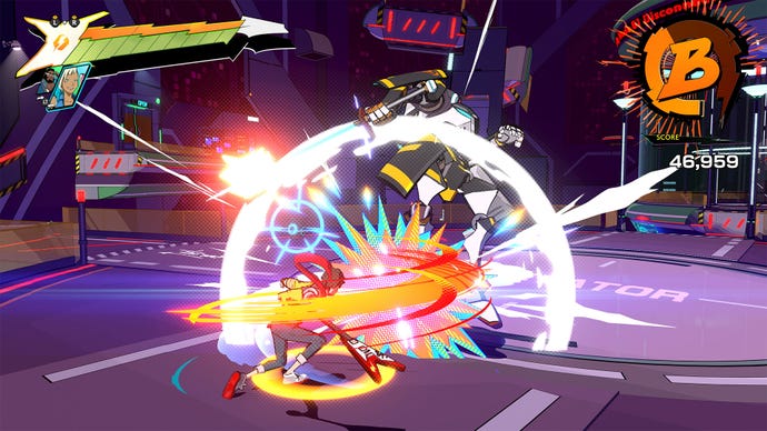 A Hi-Fi Rush screenshot of Chai smacking an enemy robot in a burst of colour and comic-book style explosions