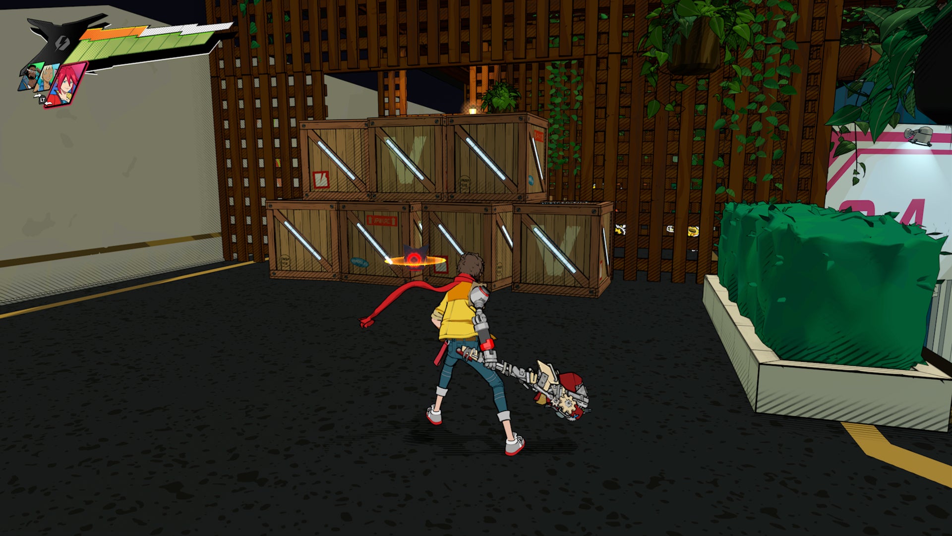 Hi-Fi RUSH, a set of boxes are blocking the doorway that Chai is facing.