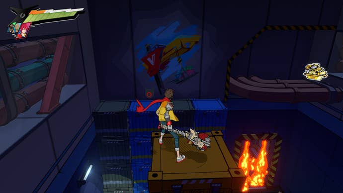 Hi-Fi RUSH, Chai is standing on boxes looking across at some graffiti