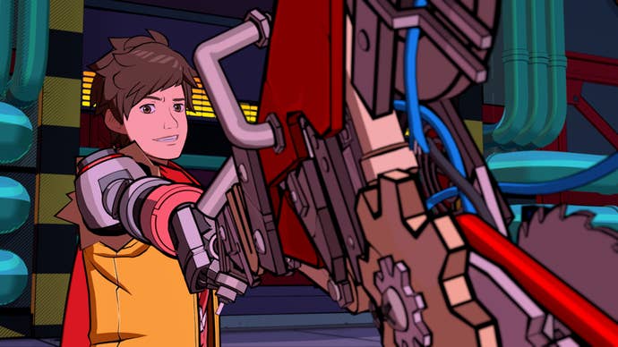 Hi-Fi Rush, Chai is holding his guitar weapon and pointing it toward a weakened Rekka.