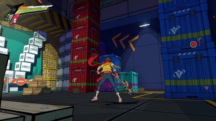 Hi-Fi RUSH, Chai is in a secret room and facing a wall with orange arrows and boxes on it