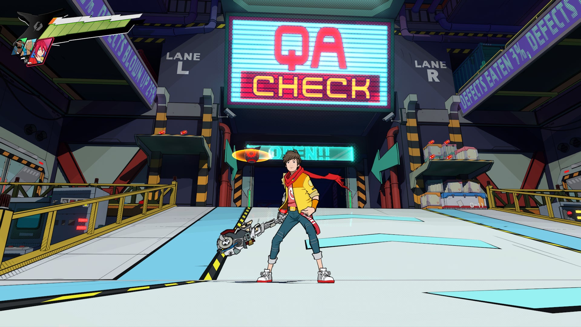 Hi-Fi RUSH, Chai is standing in a room with a large QA Check sign behind him