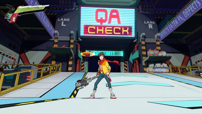 Hi-Fi RUSH, Chai is standing in a room with a large QA Check sign behind him