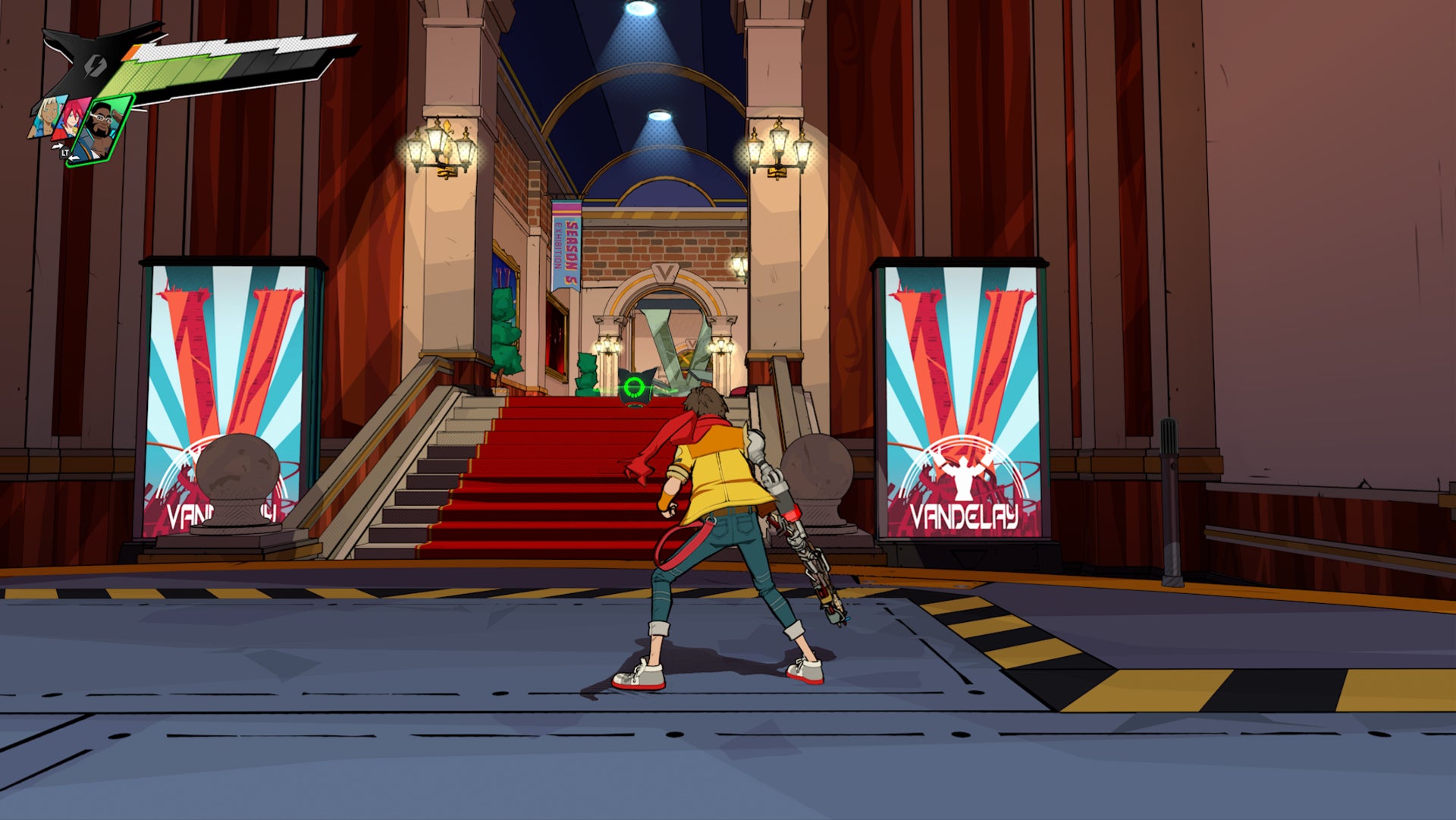 Hi-Fi RUSH, Chai is facing another doorway in the Vandelay museum on a platform that has collapsed.