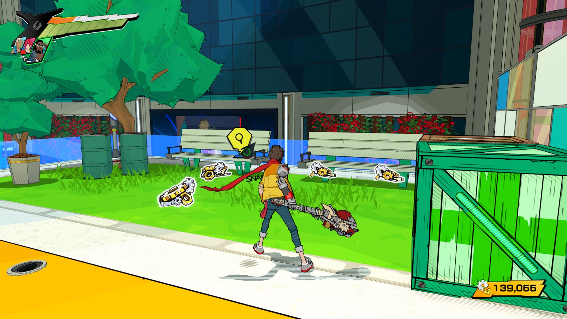 Hi-Fi RUSH, Chai is facing two benches and one has a holopad on it.