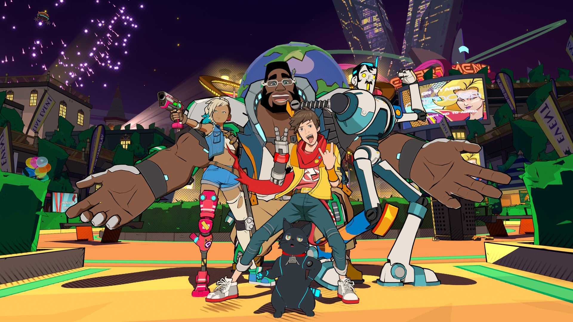 The main cast of Hi-Fi Rush strike various poses in front of a fountain at night - 1