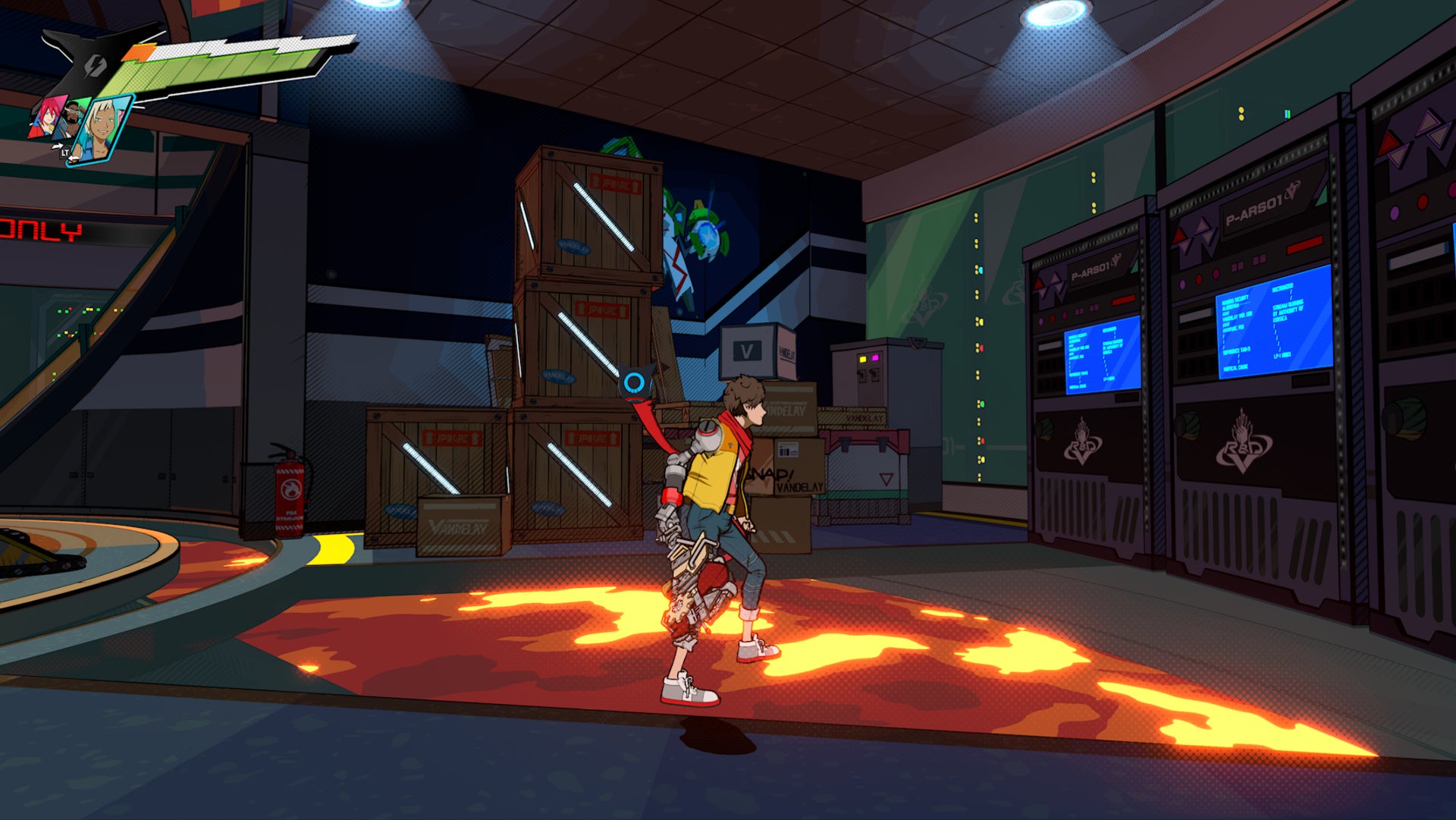 Hi-Fi RUSH, Chai is standing in front of the graffiti behind some boxes in track four in the room with the lava tube in it.