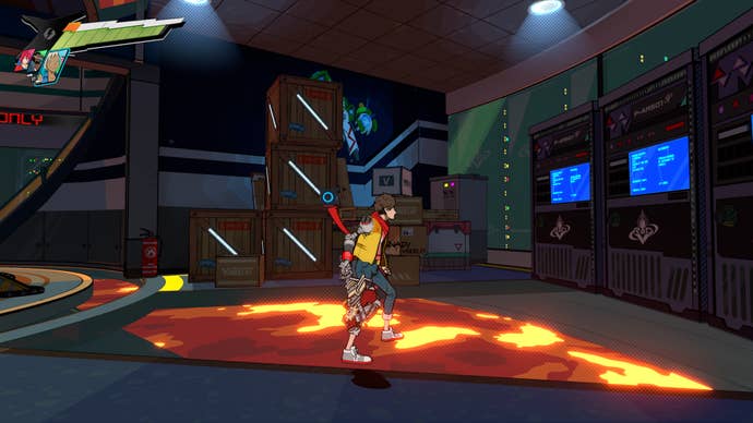 Hi-Fi RUSH, Chai is standing in front of the graffiti behind some boxes in track four in the room with the lava tube in it.