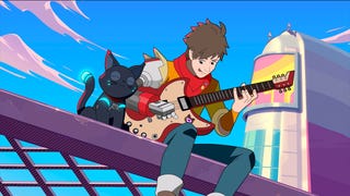 Screenshot of colourfully animated Hi-Fi Rush showing lead character Chai playing guitar next to a black robot cat