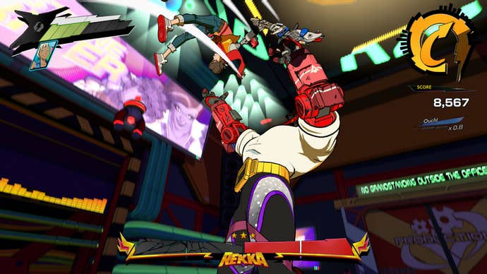 Hi-Fi RUSH, Rekka has grabbed Chai and flung him into the air.