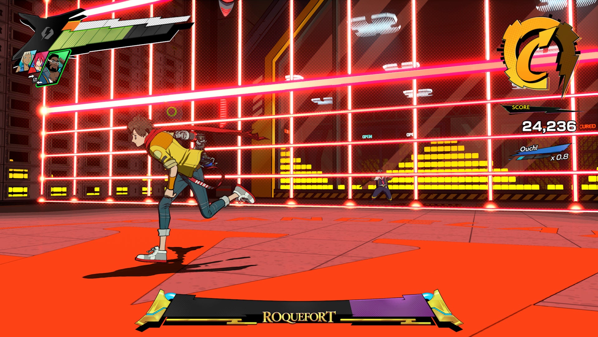 Hi-Fi RUSH, Roquefort is protected by a wall of lasers and Chai is running around