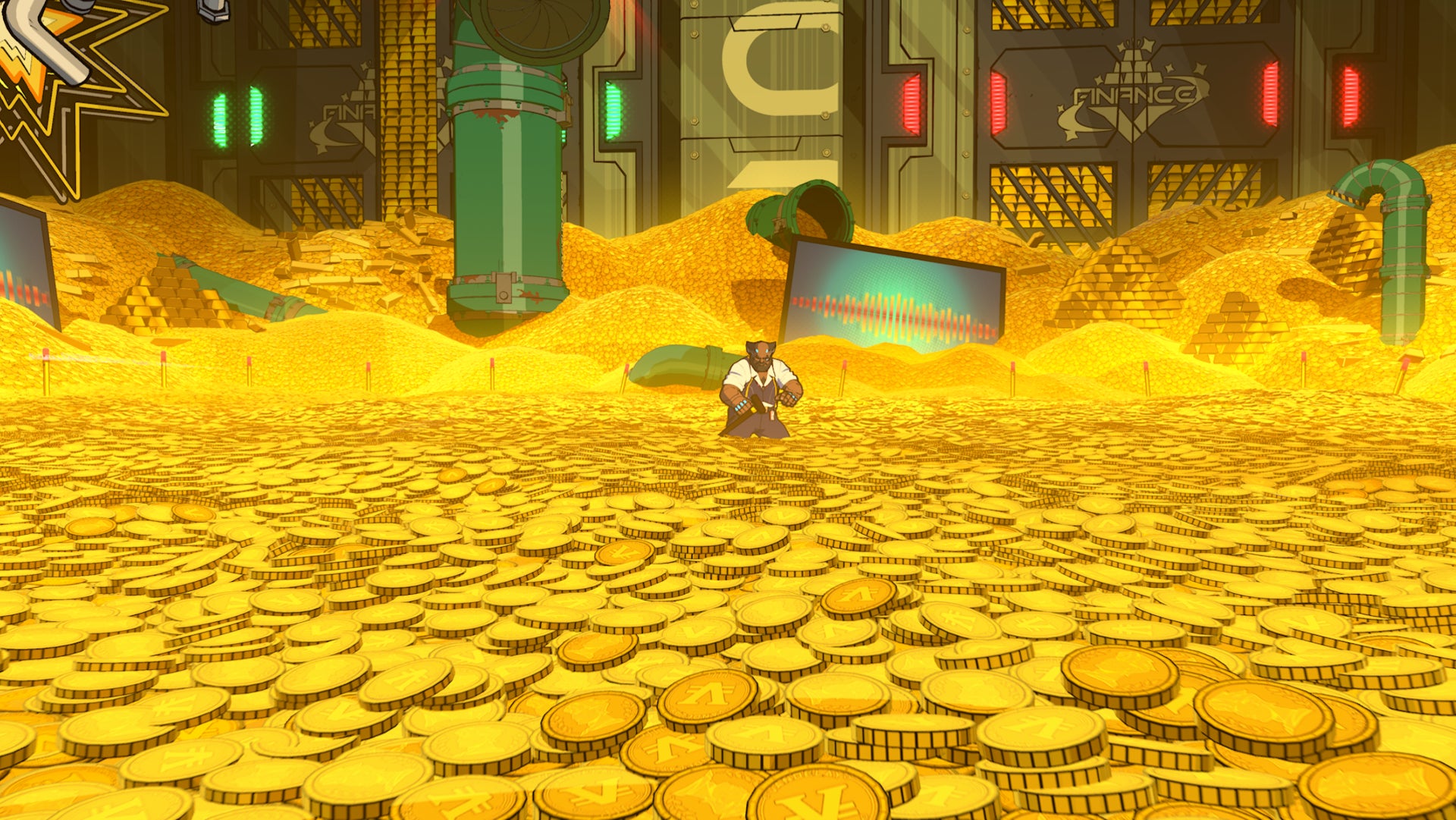 Hi-Fi RUSH, human Roquefort is sitting in a pile of money