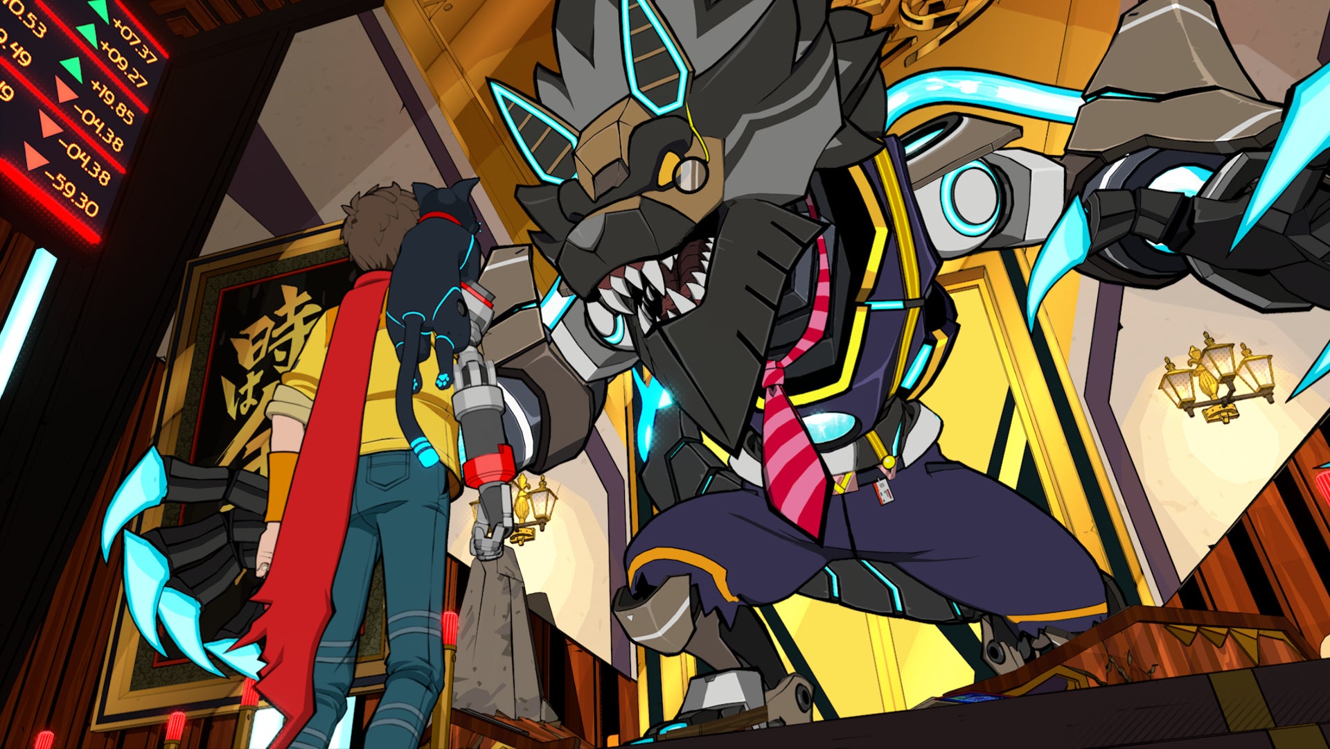 Hi-Fi RUSH, Roquefort in his wolf form is looking down on Chai