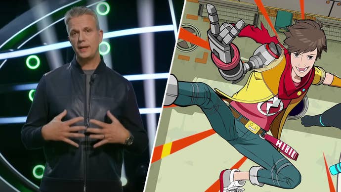 Xbox’s Matt Booty alongside the main character in Hi-Fi Rush.