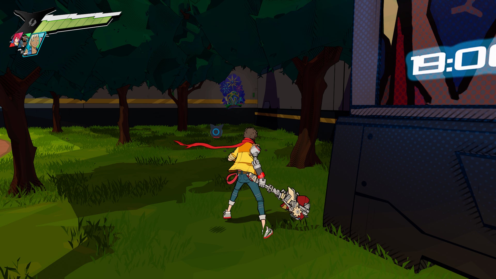 Hi-Fi RUSH, Chai is facing the first piece of graffiti on a wall in Track Eight.