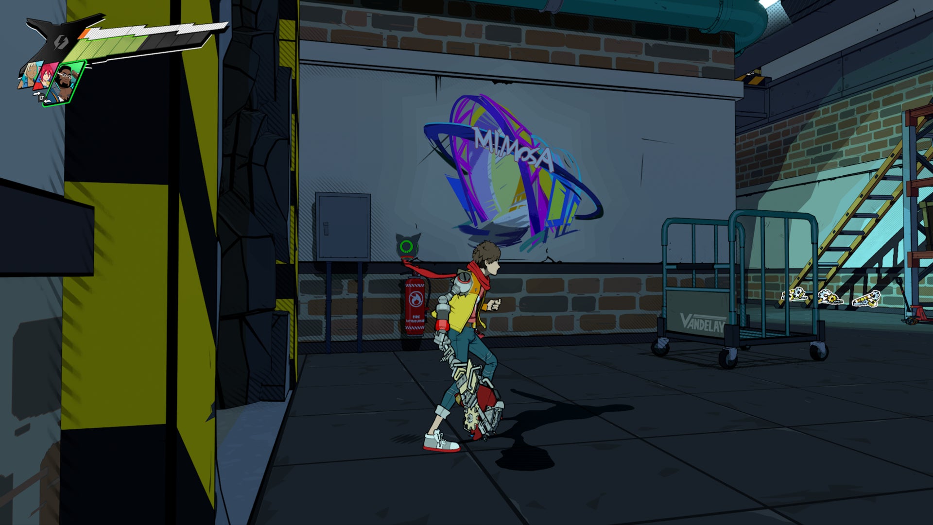 Hi-Fi Rush, the third piece of graffiti in track eight is on the wall behind Chai.