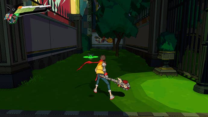 Hi-Fi RUSH, Chai is facing the second piece of graffiti in track eight that is on a wall hidden behind some more trees.