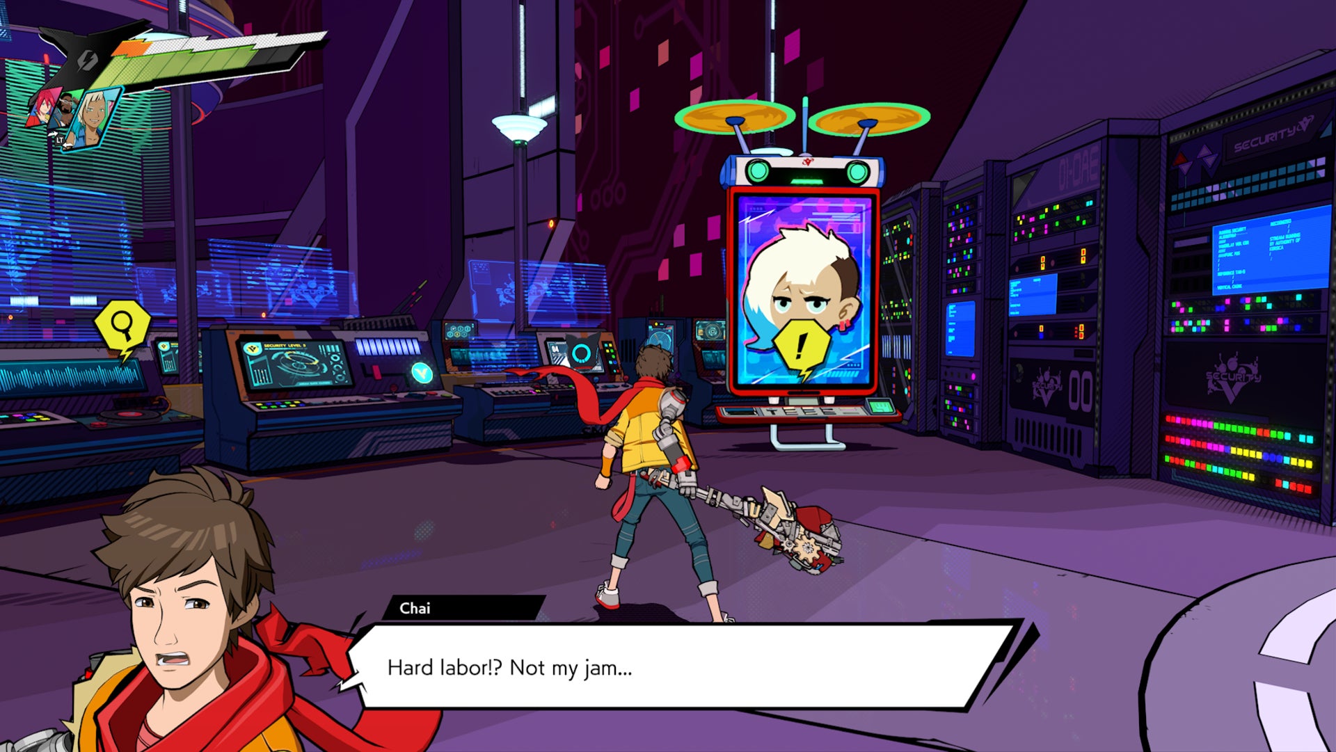 Hi-Fi RUSH, Chai is facing a checkpoint station in the security node room in Track Five.