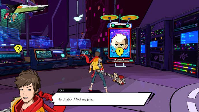 Hi-Fi RUSH, Chai is facing a checkpoint station in the security node room in Track Five.