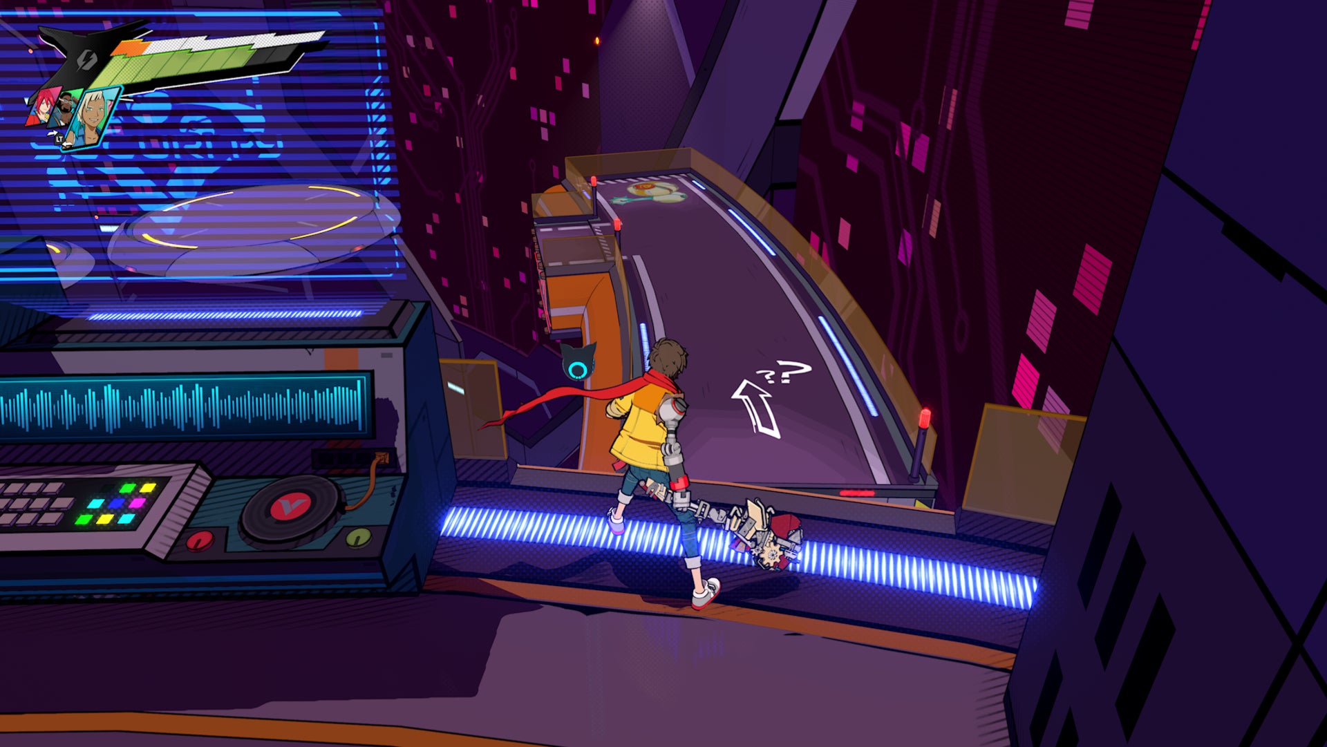 Hi-Fi RUSH, Chai is standing on the edge of a platform looking at one below him with the graffiti on it.