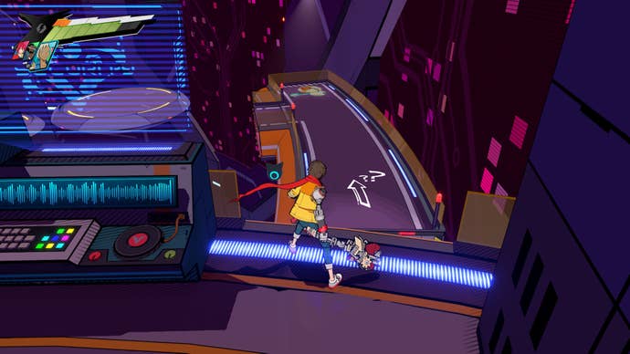 Hi-Fi RUSH, Chai is standing on the edge of a platform looking at one below him with the graffiti on it.