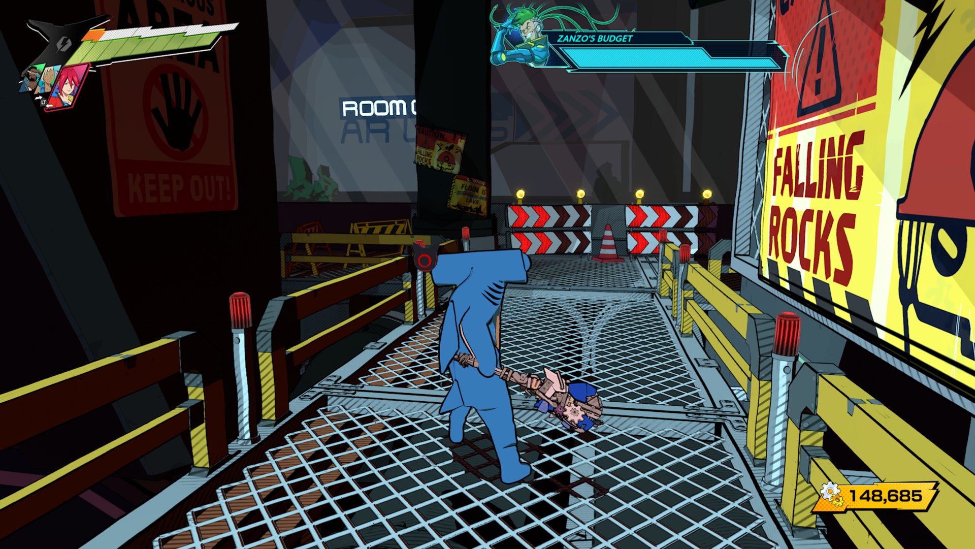 Hi-Fi RUSH, Chai is dressed as a shark and is standing on the raised walkway in track four