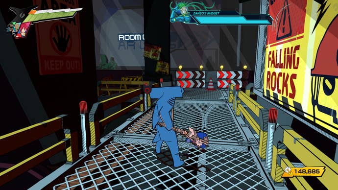 Hi-Fi RUSH, Chai is dressed as a shark and is standing on the raised walkway in track four