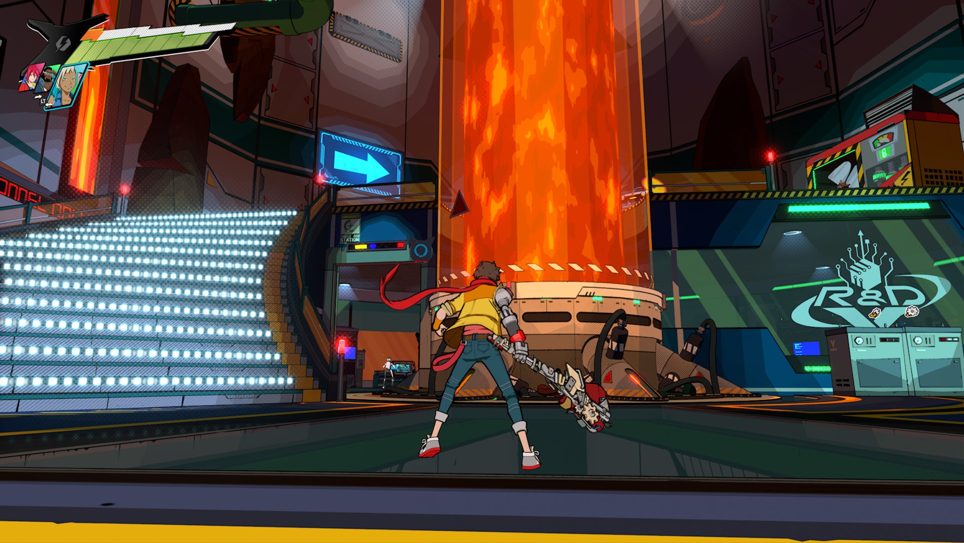 Hi-Fi RUSH, Chai is standing in a room with a large lava tube in the middle