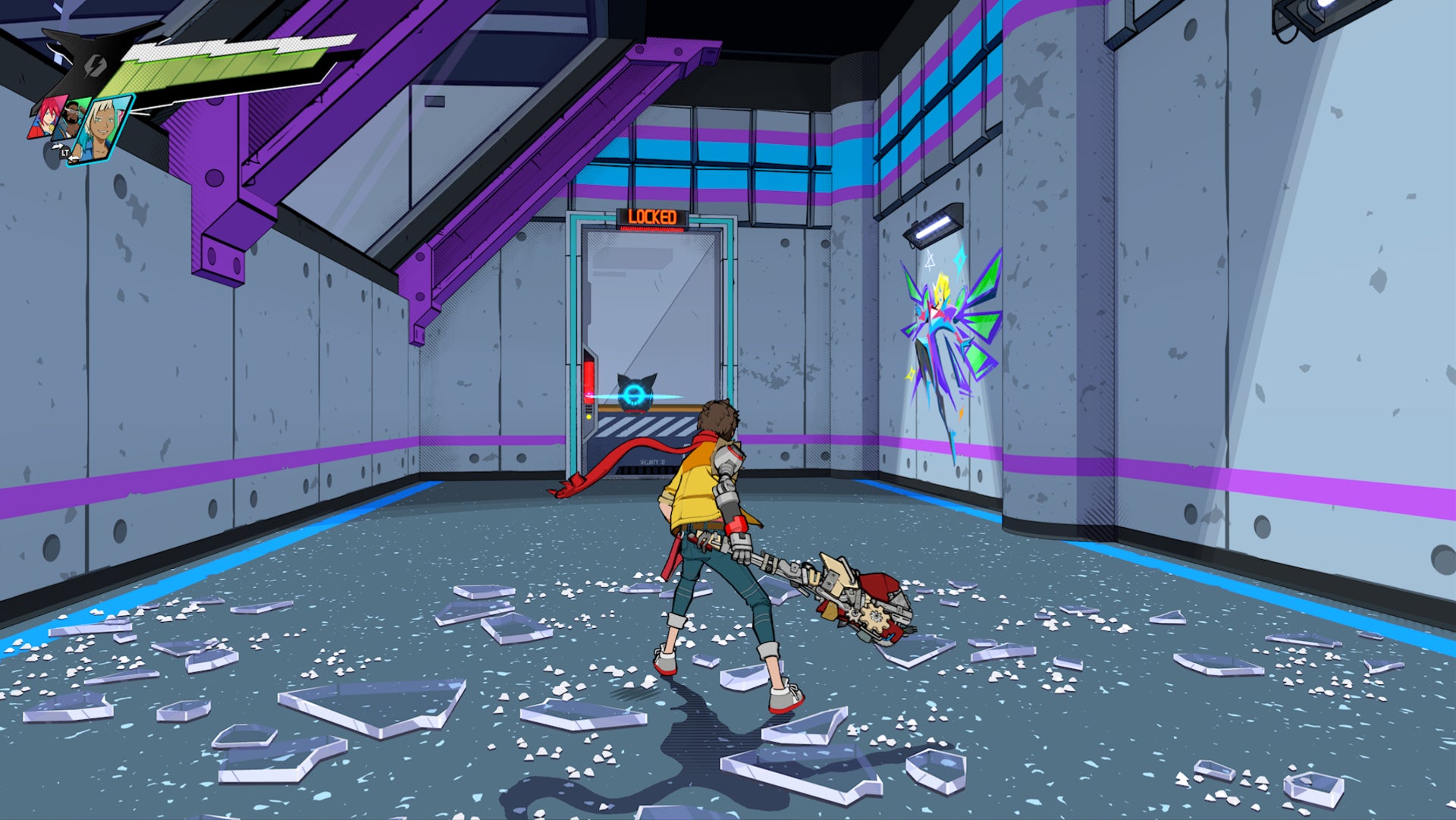 Hi-Fi RUSH, Chai is facing a locked door on Track Nine and the graffiti is on the wall to the right.