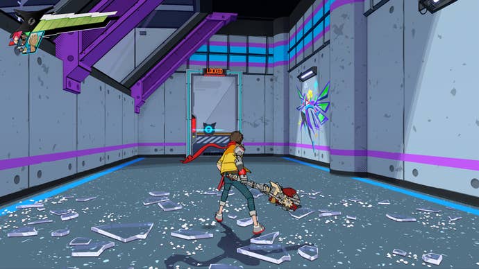 Hi-Fi RUSH, Chai is facing a locked door on Track Nine and the graffiti is on the wall to the right.